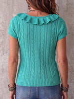 Boho-Chic Turquoise Cable-Knit Ruffled V-Neck Top