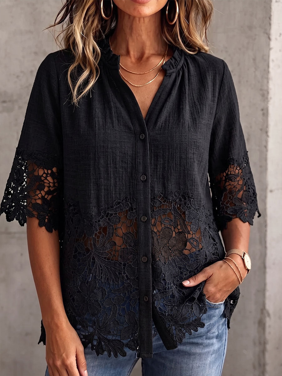 Vintage Elegant Cotton-Linen Patchwork Cutout Floral Lace Shirt