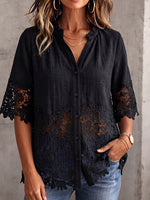 Vintage Elegant Cotton-Linen Patchwork Cutout Floral Lace Shirt