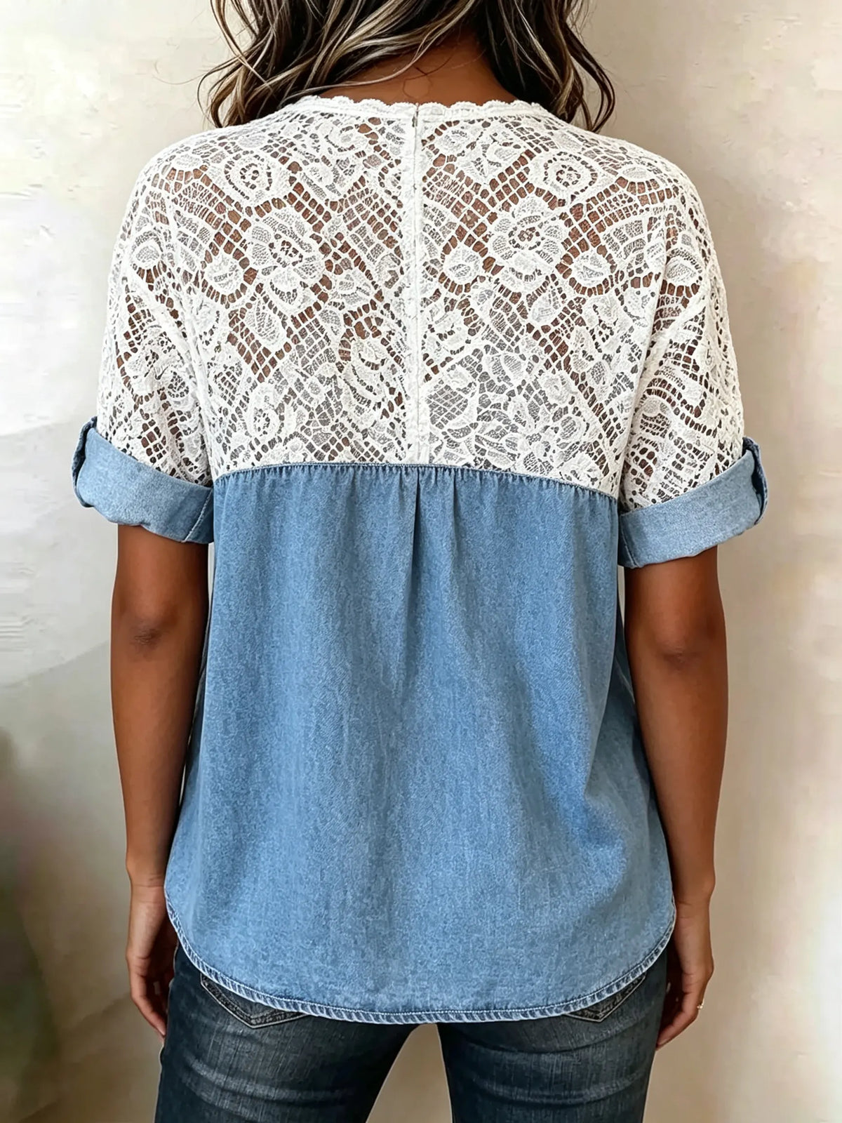Women's Solid Floral Lace Spliced Denim Diagonal Button Short Sleeve Top