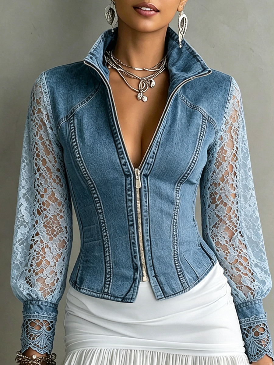 Retro Denim & Lace Patchwork Hollow Zip Long Sleeve Art Casual Stylish Shirt