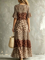 Women's Gradient Block Leopard Print Ruffle Short Sleeve Maxi Dress With Pockets