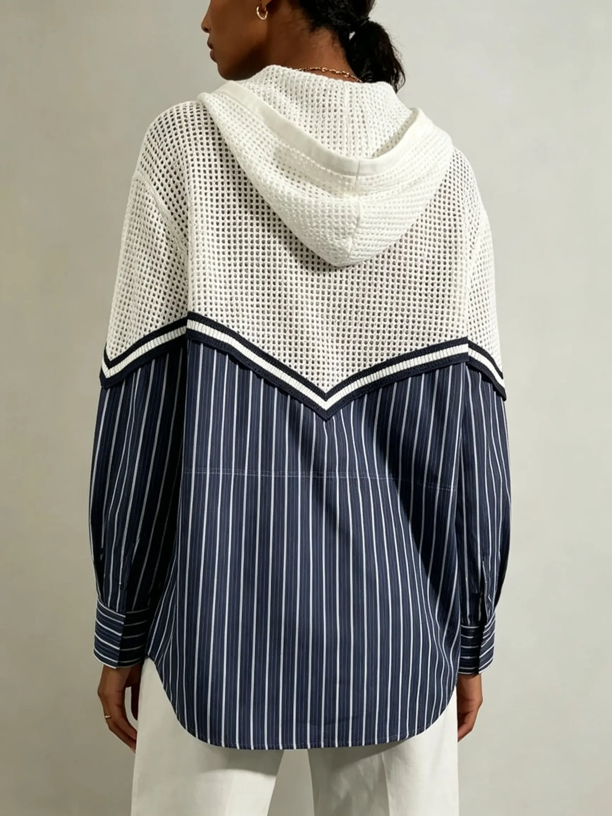 Women's Solid Hollow Out Vertical Stripe Patchwork Hooded Shirt