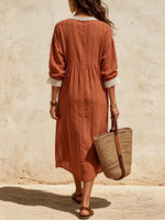 Women's Striped V-Neck Lace-Trim Midi Dress