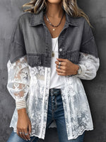 Washed Denim And Lace-panelled Long-sleeve Midi Cardigan Jacket With A Collar And Button-down Front