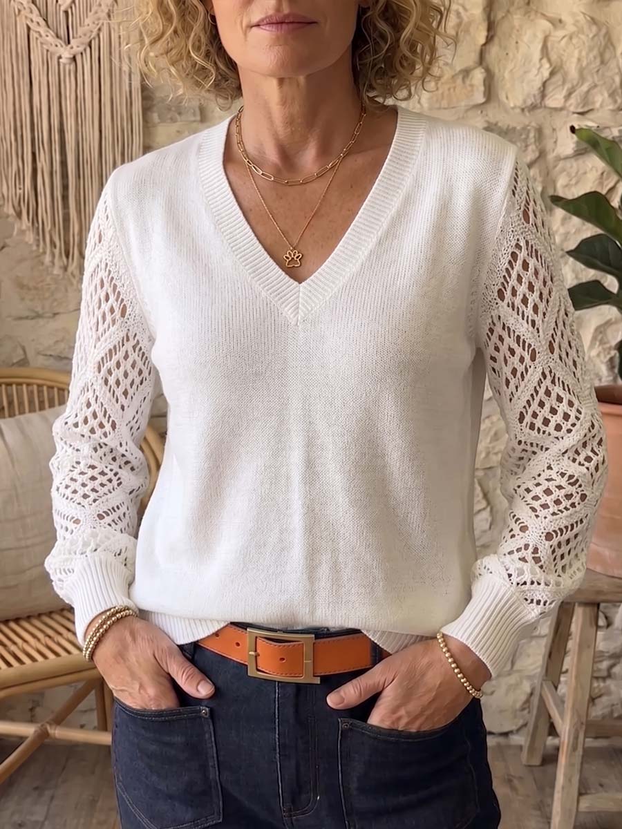 Women's Solid Color V-neck Long-sleeve Casual Loose Cut-out Knit Pullover