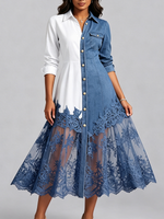 Elegant Two-tone Lace Hem Denim Dress