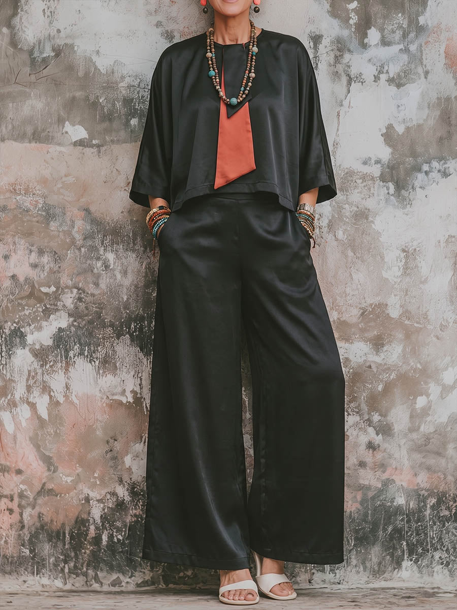 Women's Satin Set: Casual Loose-fit Round-neck 3/4 Sleeve Top And High-waisted Wide-leg Pants