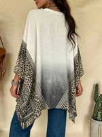 Women Ethnic Geometric Diamond Leopard Patchwork V Neck Irregular Batwing Sleeve Tunic