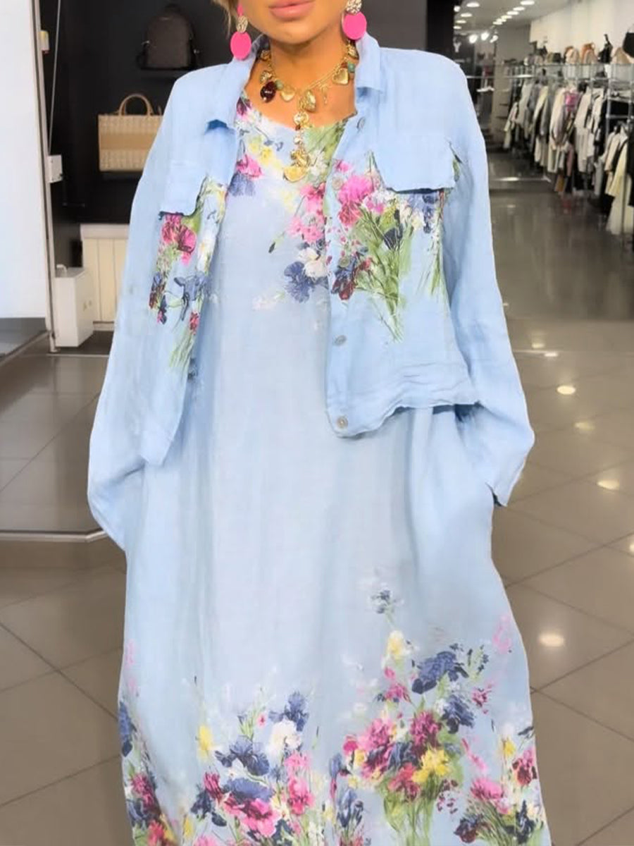 Casual Linen-cotton Floral Print Jacket And Sleeveless Dress Two-piece Set