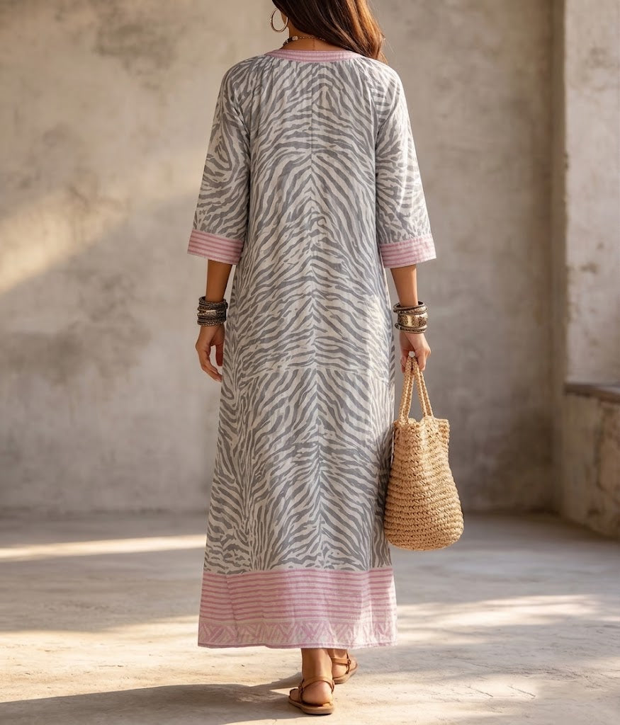 Casual Linen-cotton Dress Featuring A Mix Of Zebra And Striped Prints.