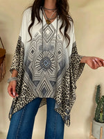 Women Ethnic Geometric Diamond Leopard Patchwork V Neck Irregular Batwing Sleeve Tunic