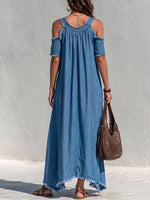 Women's Casual Loose-fit A-line Denim Dress With Round Neck And Short Sleeves