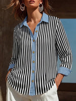 Women's Color-block Striped Shirt Featuring A Minimalist, Chic Style, Spliced collar, And Loose Fit