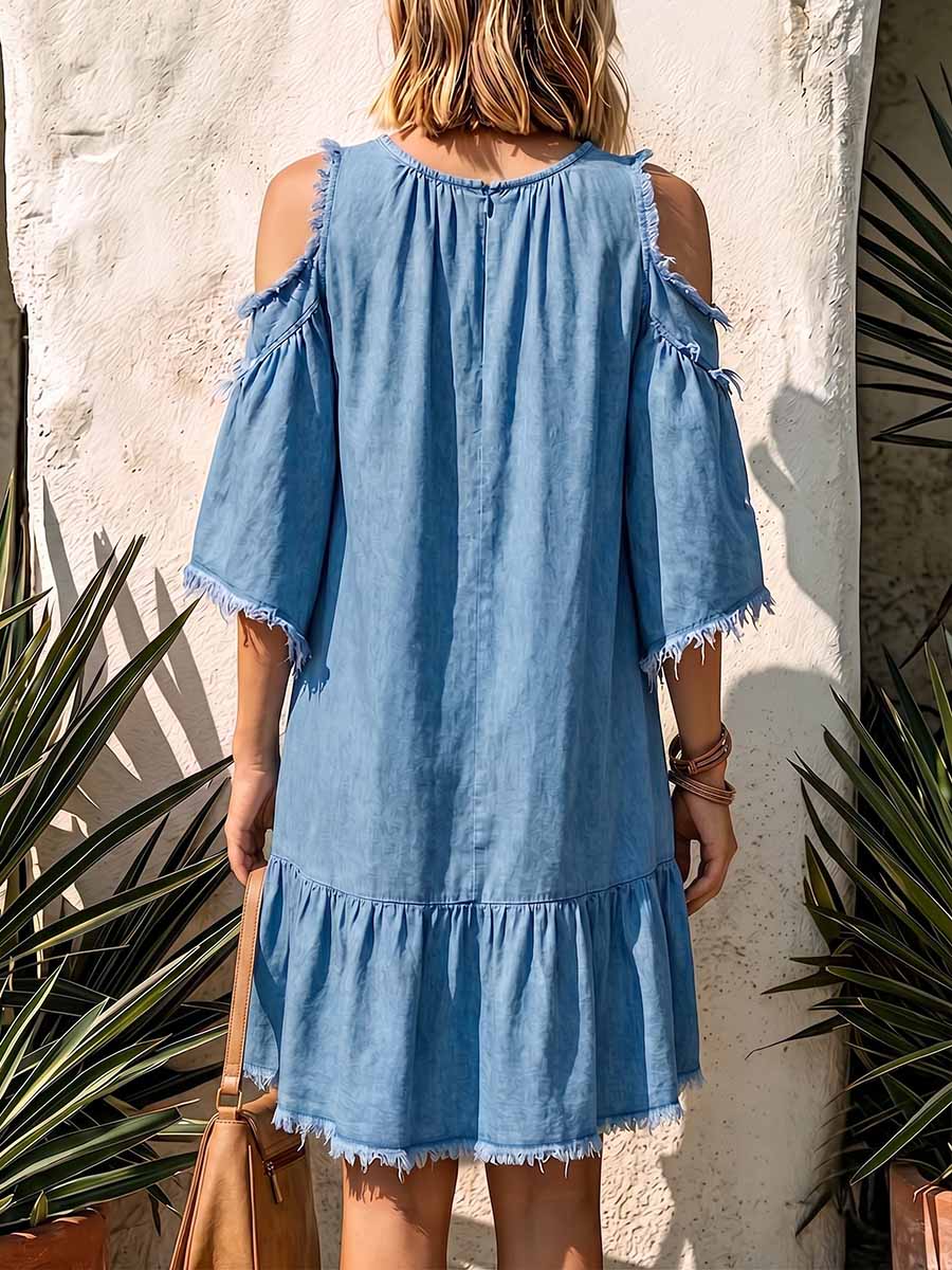Women's Casual Loose A-line Denim Dress With Round Neck And 3/4 Sleeves