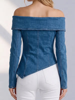 Contemporary Denim Off-the-Shoulder Asymmetrical Button-Up Top