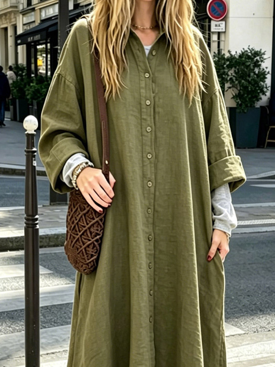Women's Lapel Button Loose Art Casual Stylish Long Sleeve Cotton Linen Dress