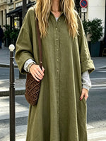 Women's Lapel Button Loose Art Casual Stylish Long Sleeve Cotton Linen Dress