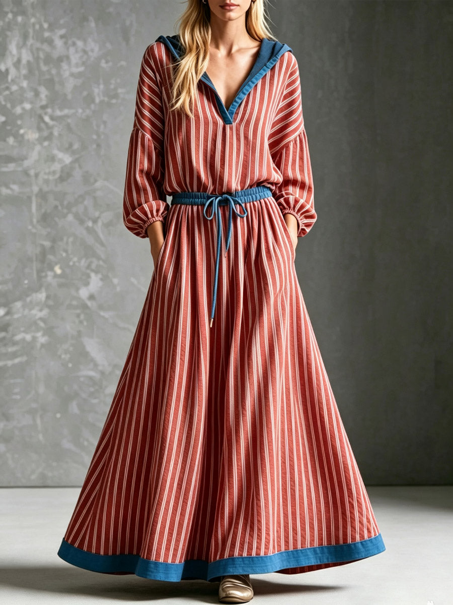 Retro Stripe Hooded Loose Art Casual 3/4 Sleeve Cotton Linen Long Dress