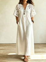 Women's Eyelet Cutwork Lace Short Sleeve Henley Cotton Linen Maxi Dress