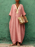Bohemian Gold V-neck Cotton-linen Maxi Dress