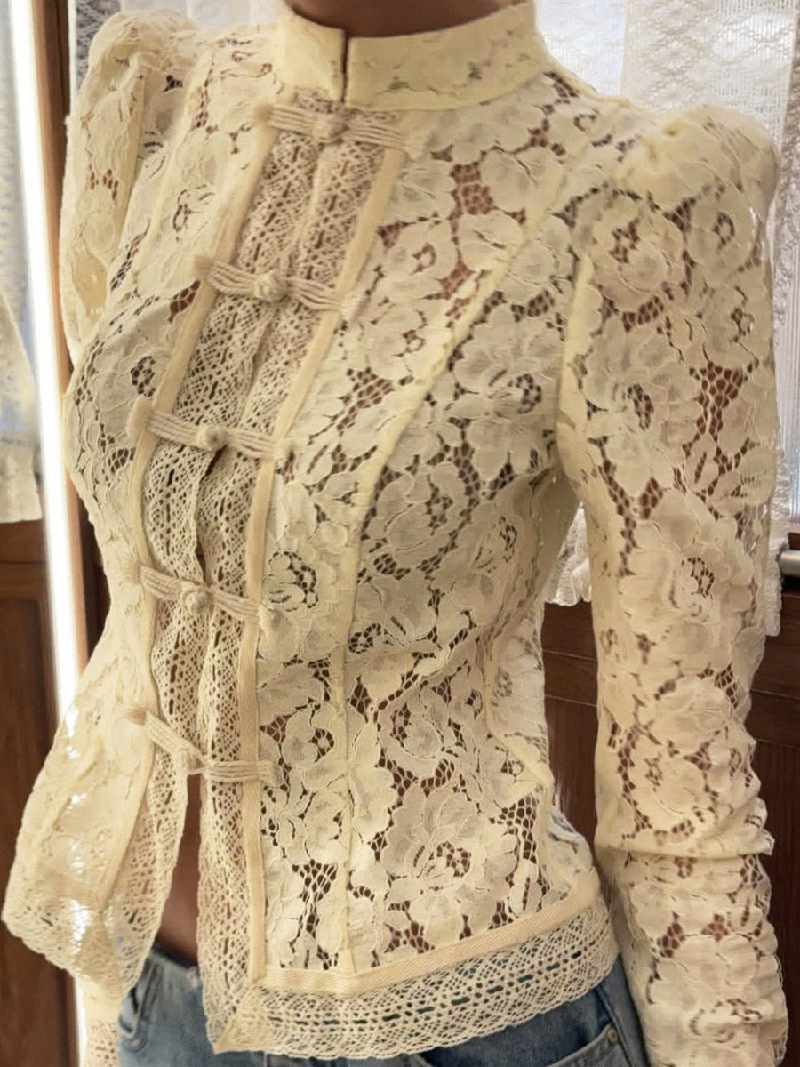 Women's Retro Floral Lace Hollow Art Casual Stylish Long Sleeve Shirt