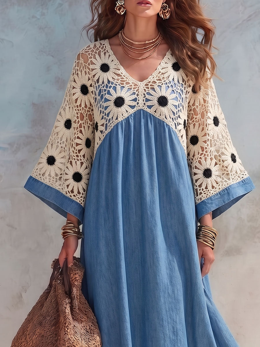 Vintage Elegant Denim Cut-Out Crochet Patchwork Dress