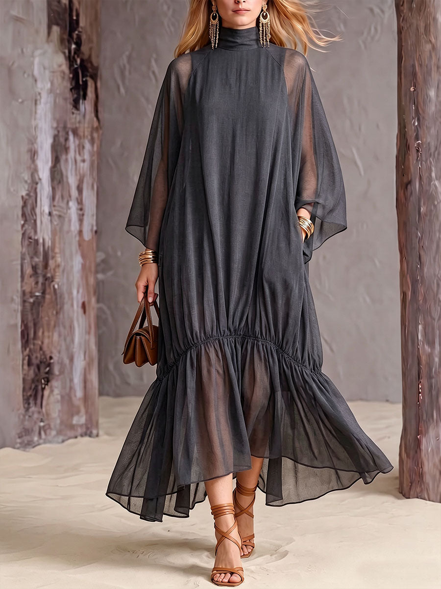Women's Solid-color Stand-collar Long-sleeve Loose Casual Chiffon Dress