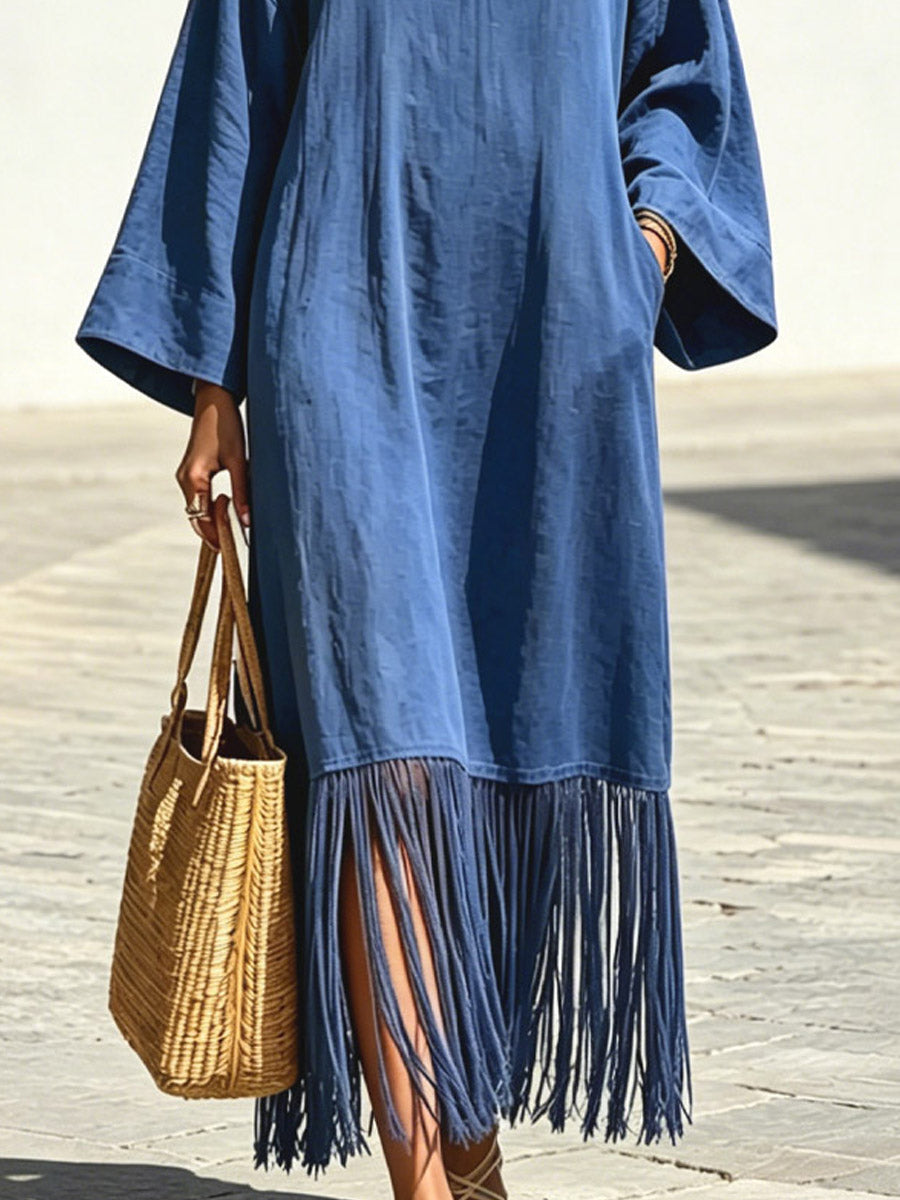 Women's Tassel Patchwork Loose Art Casual Stylish Long Sleeve Cotton Linen Dress
