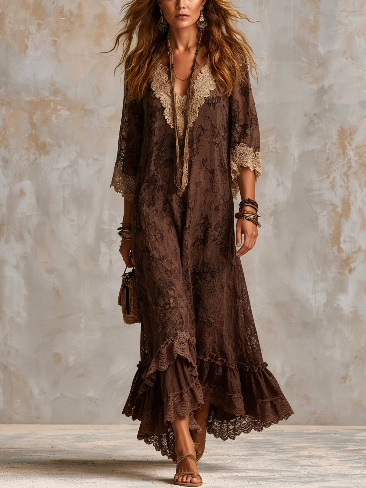 Women's Bohemian Floral Lace Ruffle Maxi Dress