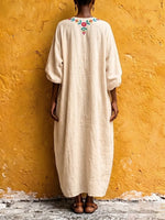 Vibrant Ethnic Floral V-Neck Linen Kaftan