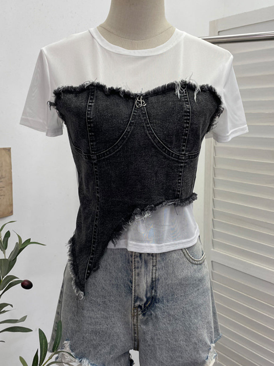 Stylish Casual Denim Top With Stretch Mesh Paneling