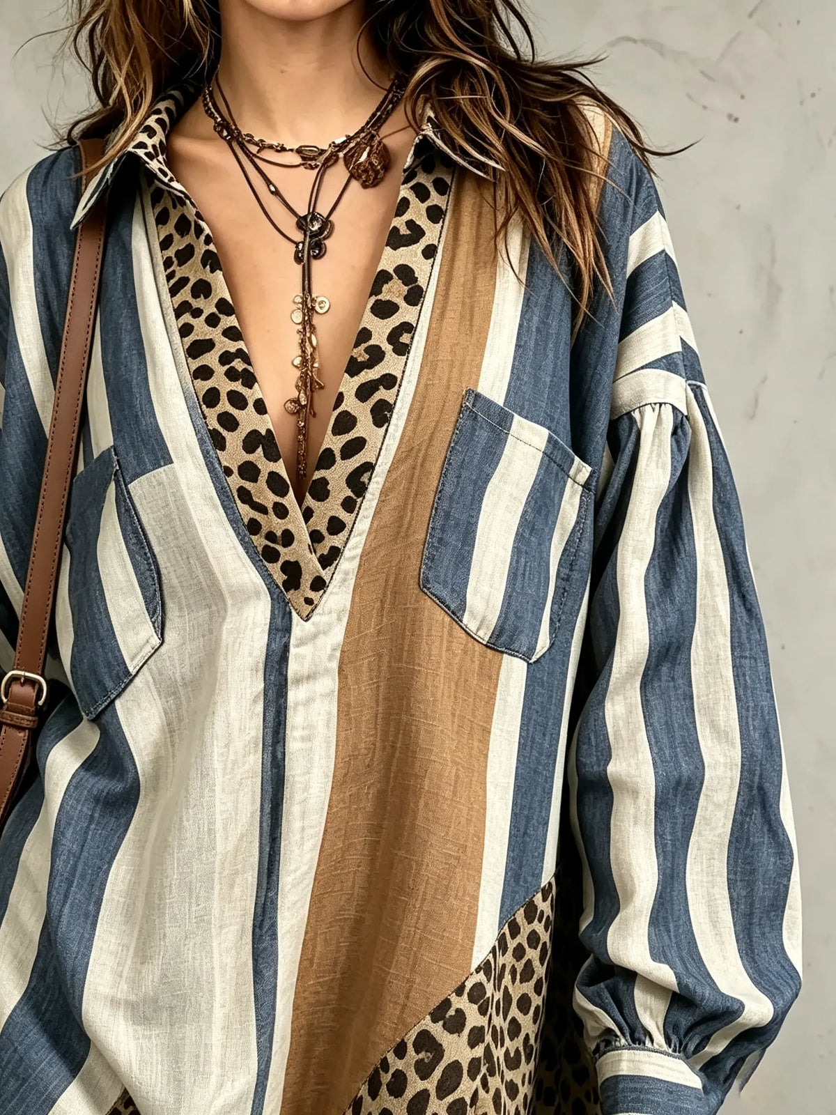 Women's Stripe Leopard Print Patchwork Loose Shirt Mini Dress