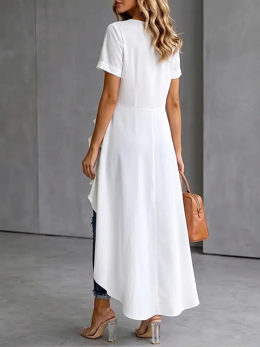 Elegant Tie-Front Ruffled High-Low Blouse