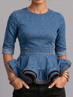 Women's Casual Loose-fit Denim Top With Round Neck And 3/4 Sleeves