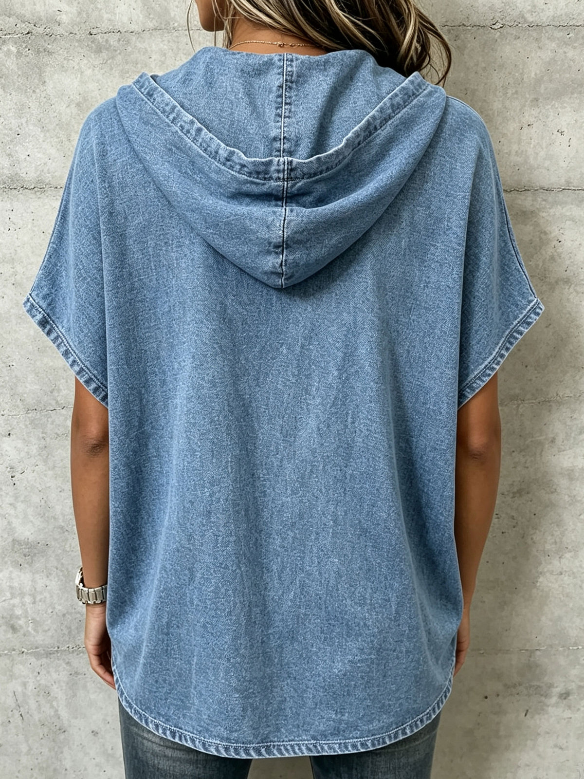 Women’s V-Neck Hooded Dolman Cap Sleeve Light Wash Denim Top With Pockets