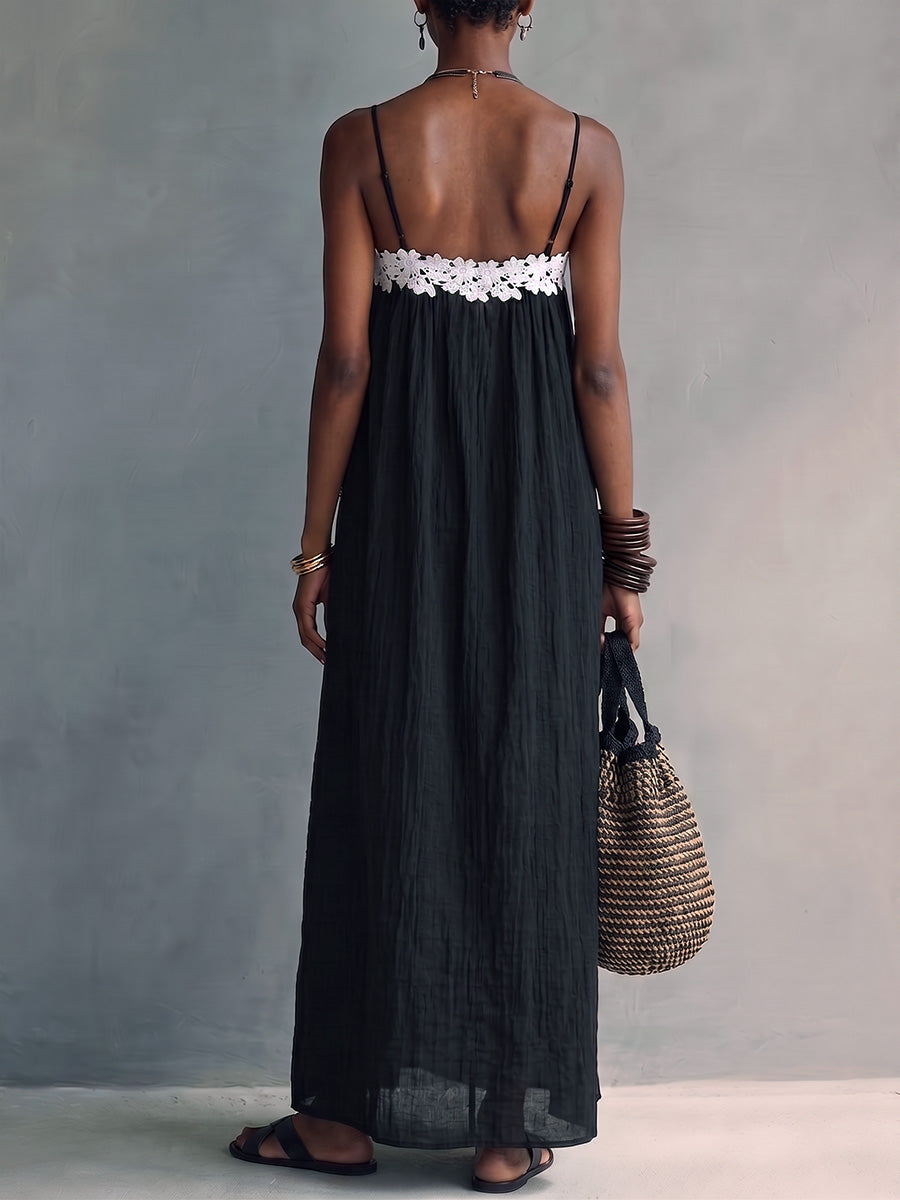 Women's Solid-color Patchwork Casual Loose A-line Cotton-linen Strapless Camisole Dress