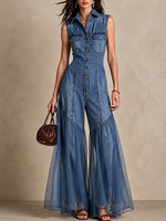 Casual Denim Jumpsuit With Chiffon-paneled Hems