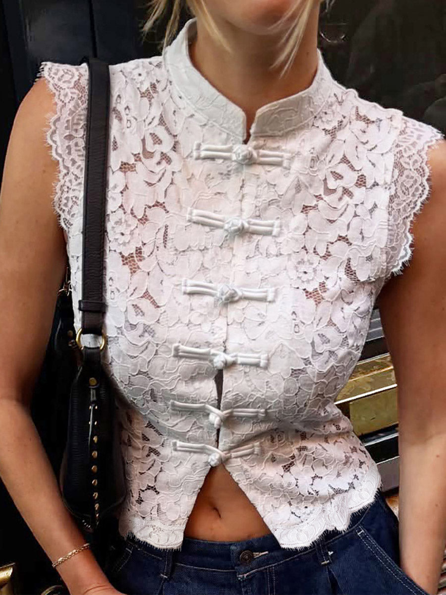 Elegant Chic Lace Hollow Sleeveless Art Casual Stand Collar Shirt