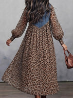 Washed Denim Splice Lapel Half Placket Lantern Long Sleeve Leopard Gathered Loose Maxi Shirt Dress