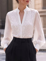 Women's Solid Color V-neck Long-sleeve Loose-fit Casual Chiffon Shirt With Sequin Panels