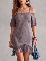 Women's Solid Color Short-sleeve Casual Loose Suede Dress With Tassels