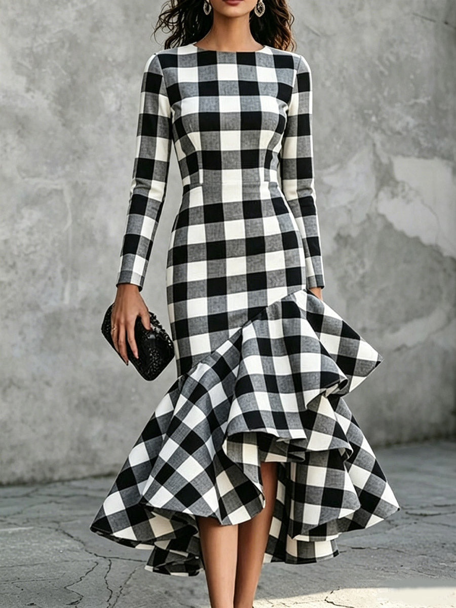 Women's Black White Plaid Ruffled Hem Art Casual Stylish Long Sleeve Dress