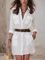 Effortless White Utility Belt Linen Shirtdress