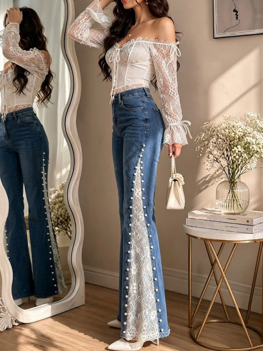 Slimming Wide-leg Jeans With Lace Paneling, Color-blocking, And Beading