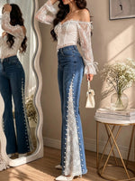 Slimming Wide-leg Jeans With Lace Paneling, Color-blocking, And Beading