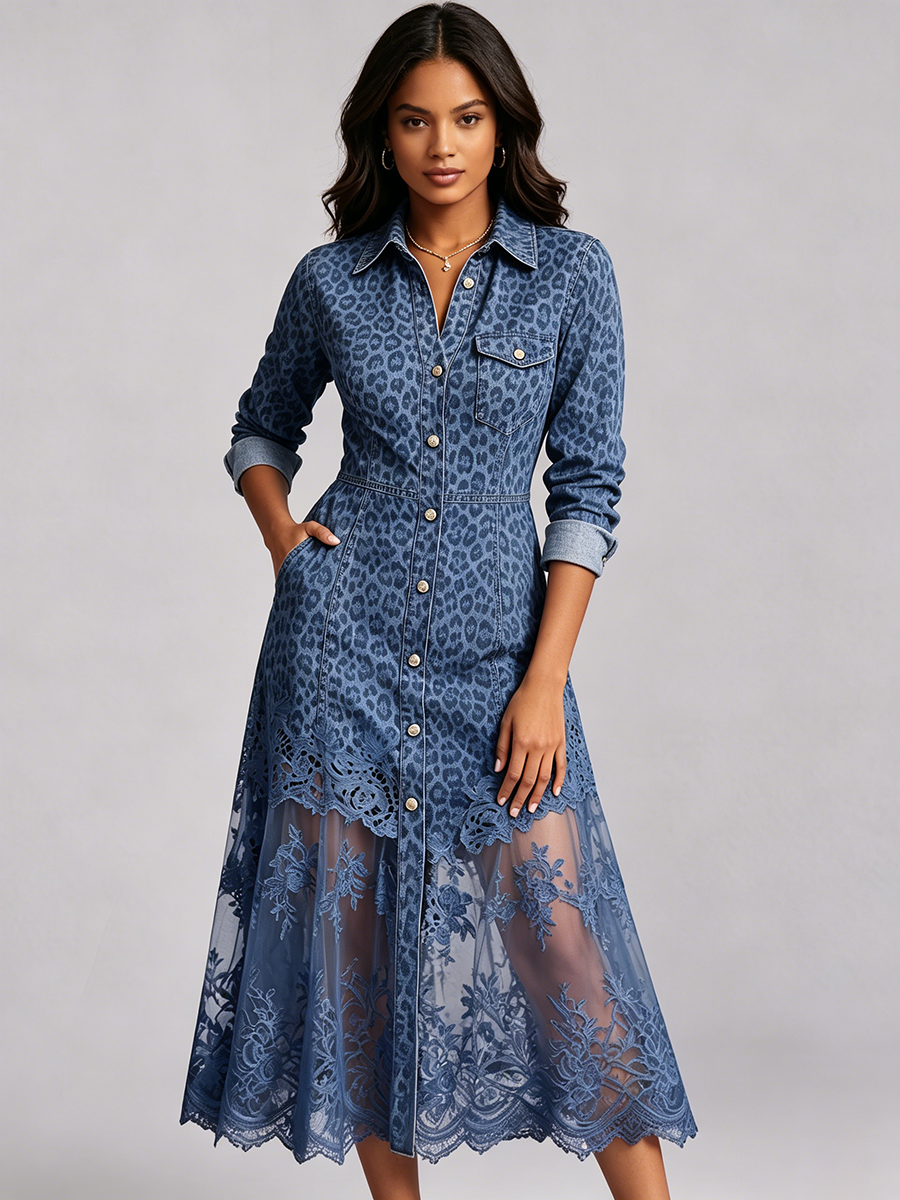 Sexy Leopard Print Denim Dress With Lace Hem