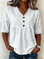 Vintage-style Casual Short-sleeve Shirt Featuring A V-neck, Lace Cut-out Patchwork, And Embroidery