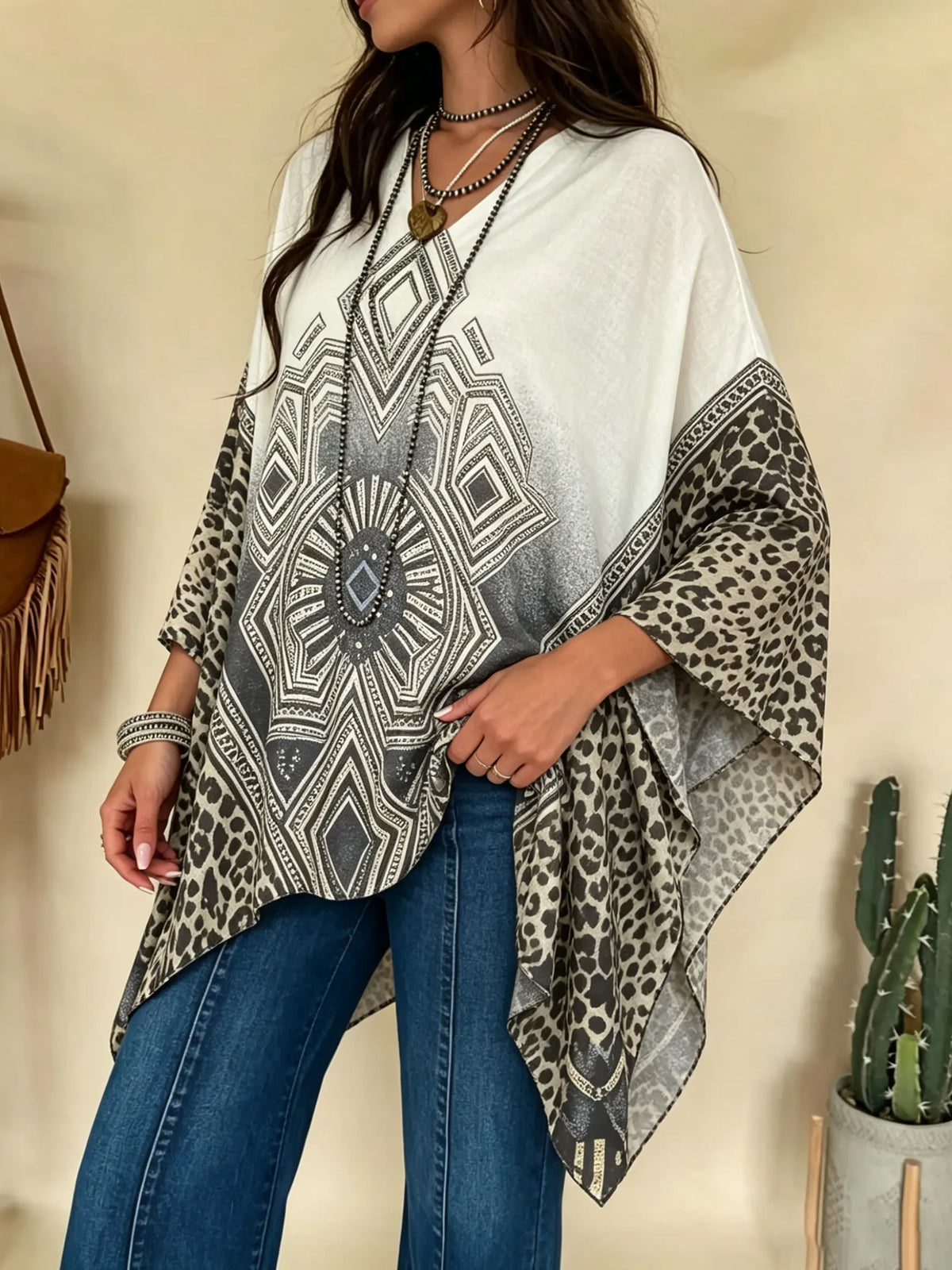 Women Ethnic Geometric Diamond Leopard Patchwork V Neck Irregular Batwing Sleeve Tunic