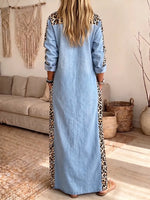 Chic Leopard Paneled Button-Down Denim Maxi Dress